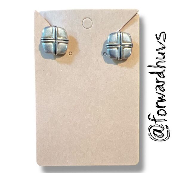 Square Silver Tine Clip On Earrings with Raised Cross Pattern - Picture 7 of 9